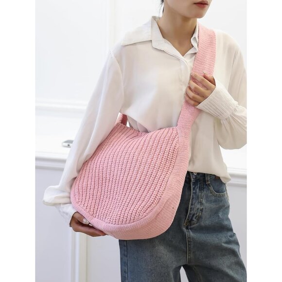 Women's Pink Shoulder Handbags Crocheted Bags Large Knit Bag Tote Bag - Picture 8 of 9